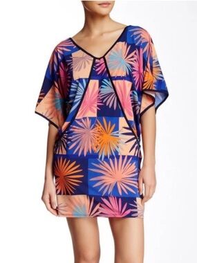 Trina Turk Edith Kimono Sleeve Mini Dress Blue Pink Orange Medium M